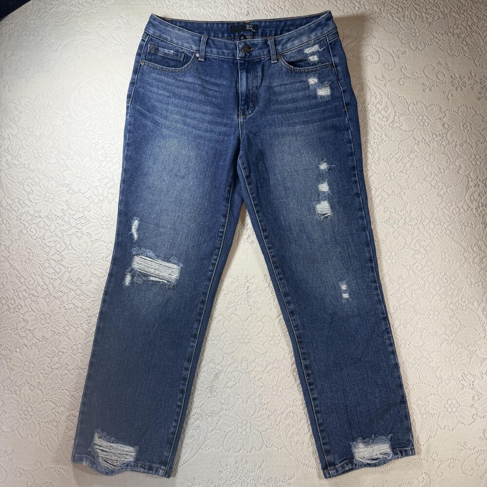 1822 Denim Jeans Womens 12 Blue Mid Rise Straight Distressed Stretch Denim